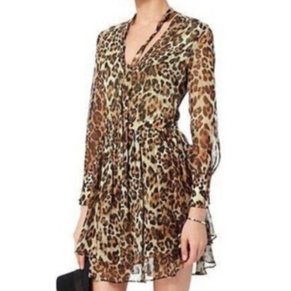 Intermix Tilley Leopard Silk Chiffon Mini Dress S